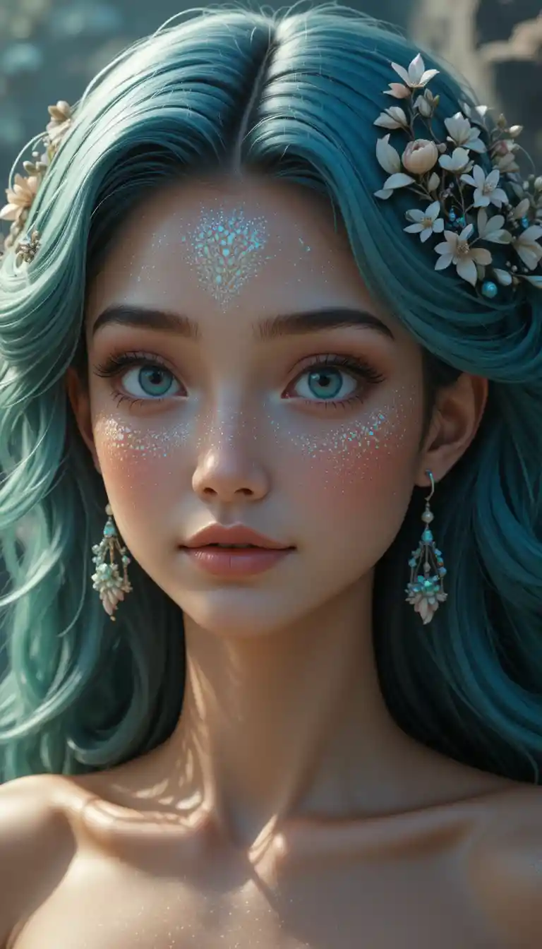 Anime mermaid nymph woman with ocean blue emerald eyes