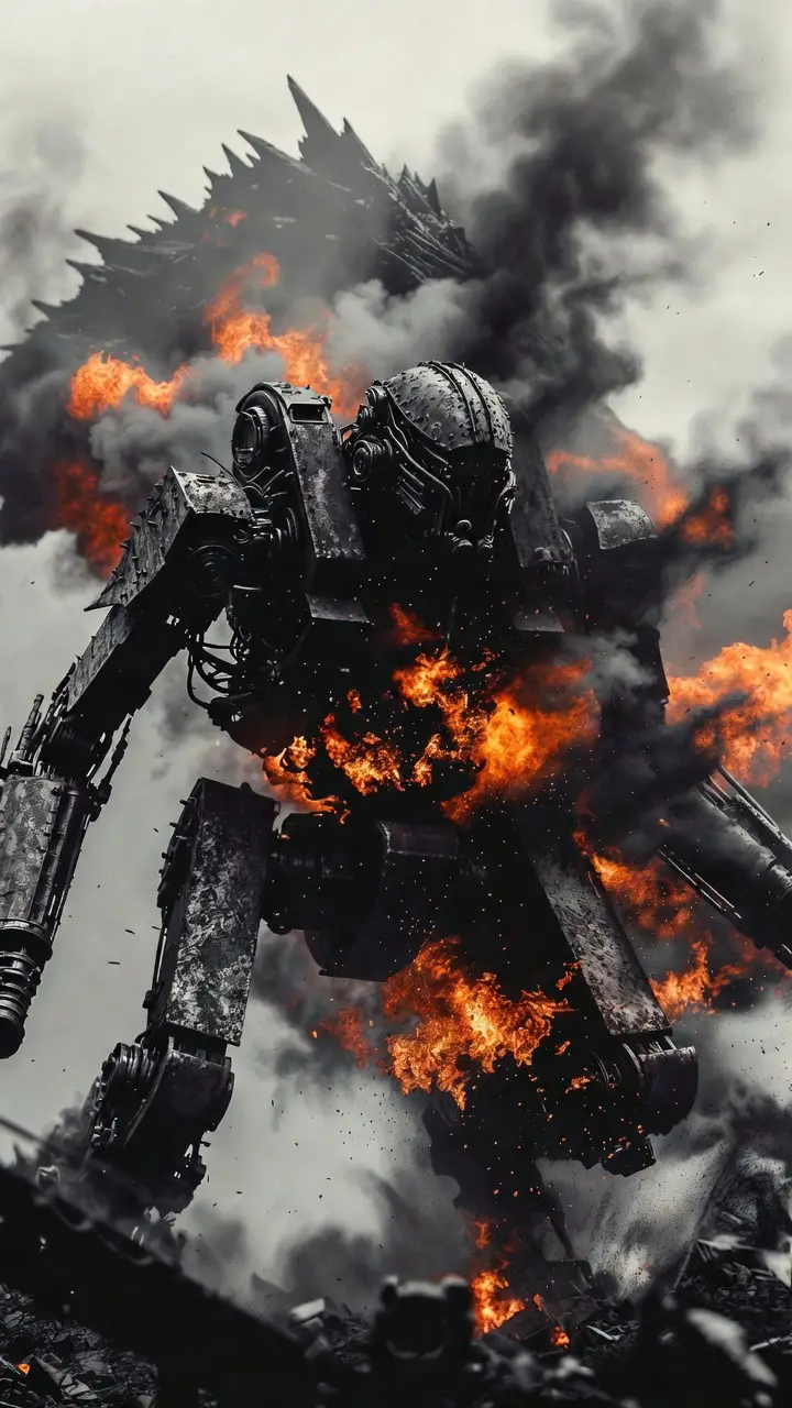 Colossal industrial mech facing a hidden monstrous leviathan