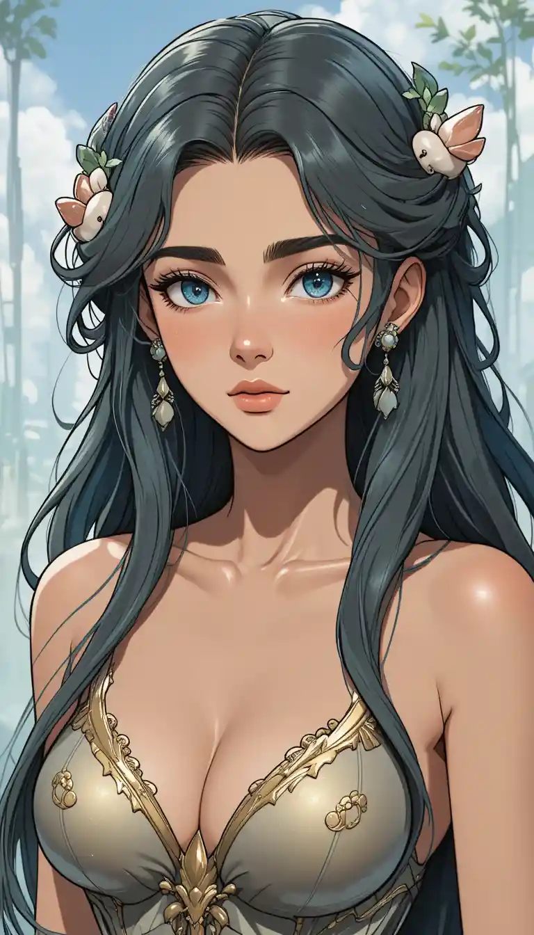 Dark skinned mermaid nymph woman in anime fantasy style