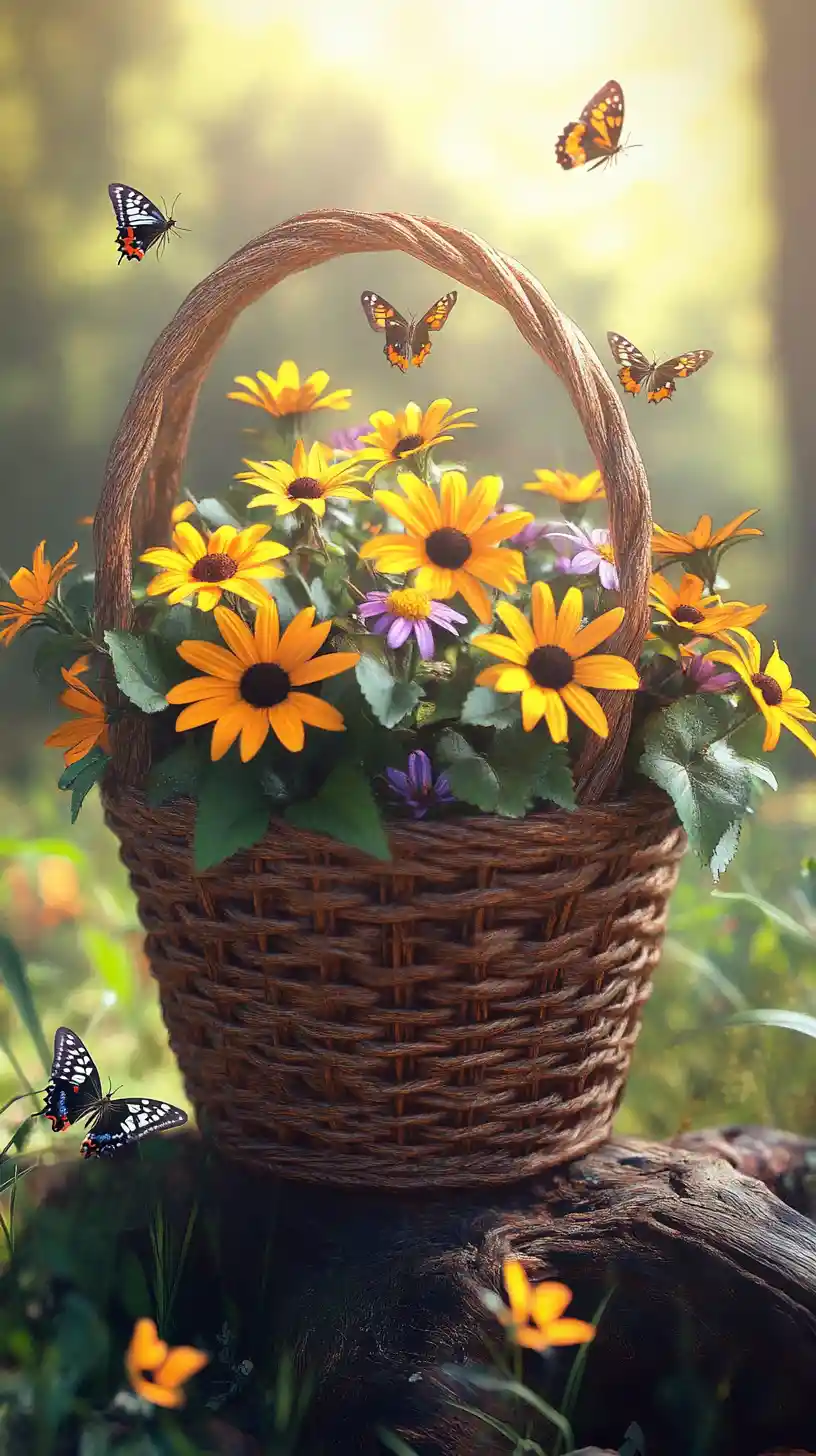 Wicker basket garden with flowers and bees in meadow sunlight