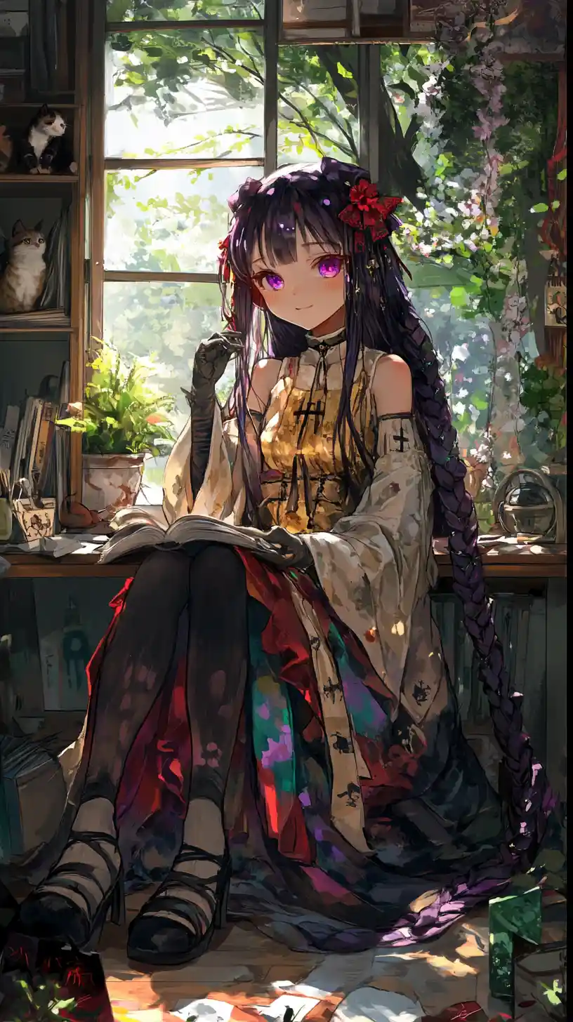 Anime girl reading in a cozy study room with garden view