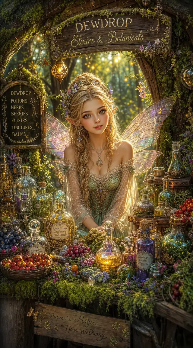 Blonde fairy girl at a potion market stall in forest