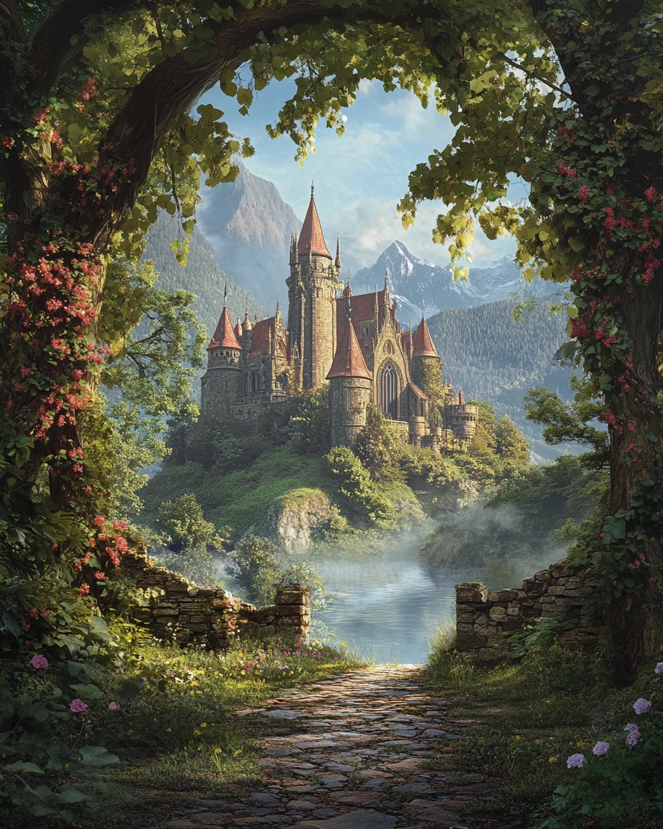 Castle in a distant valley seen through oak tree leaves
