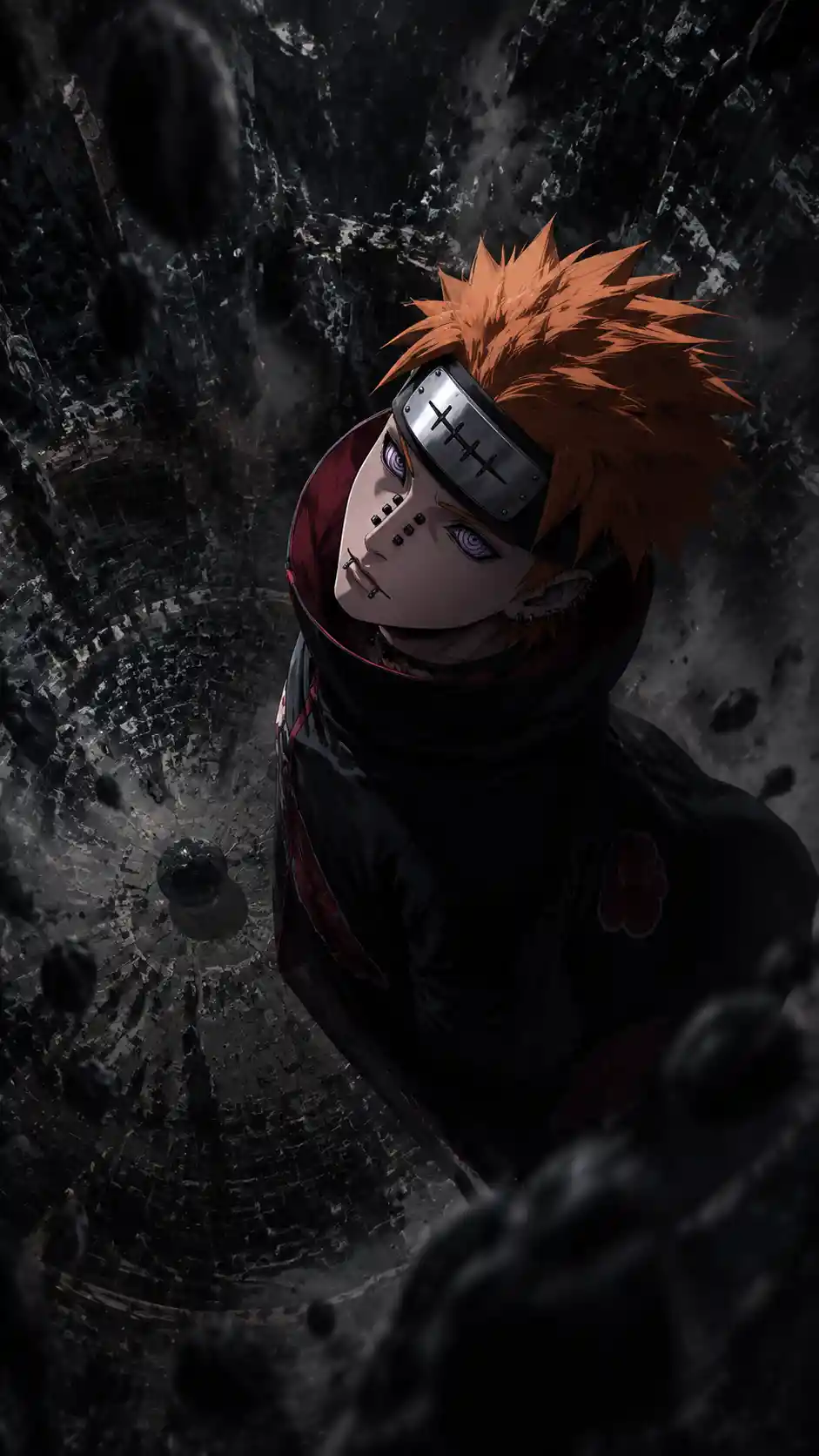 Dark figure viewed from above in a tense abstract space
