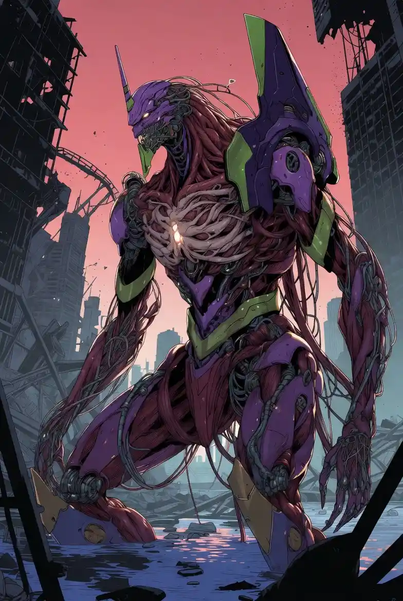 Surreal biomechanical mecha towering over flooded ruined city