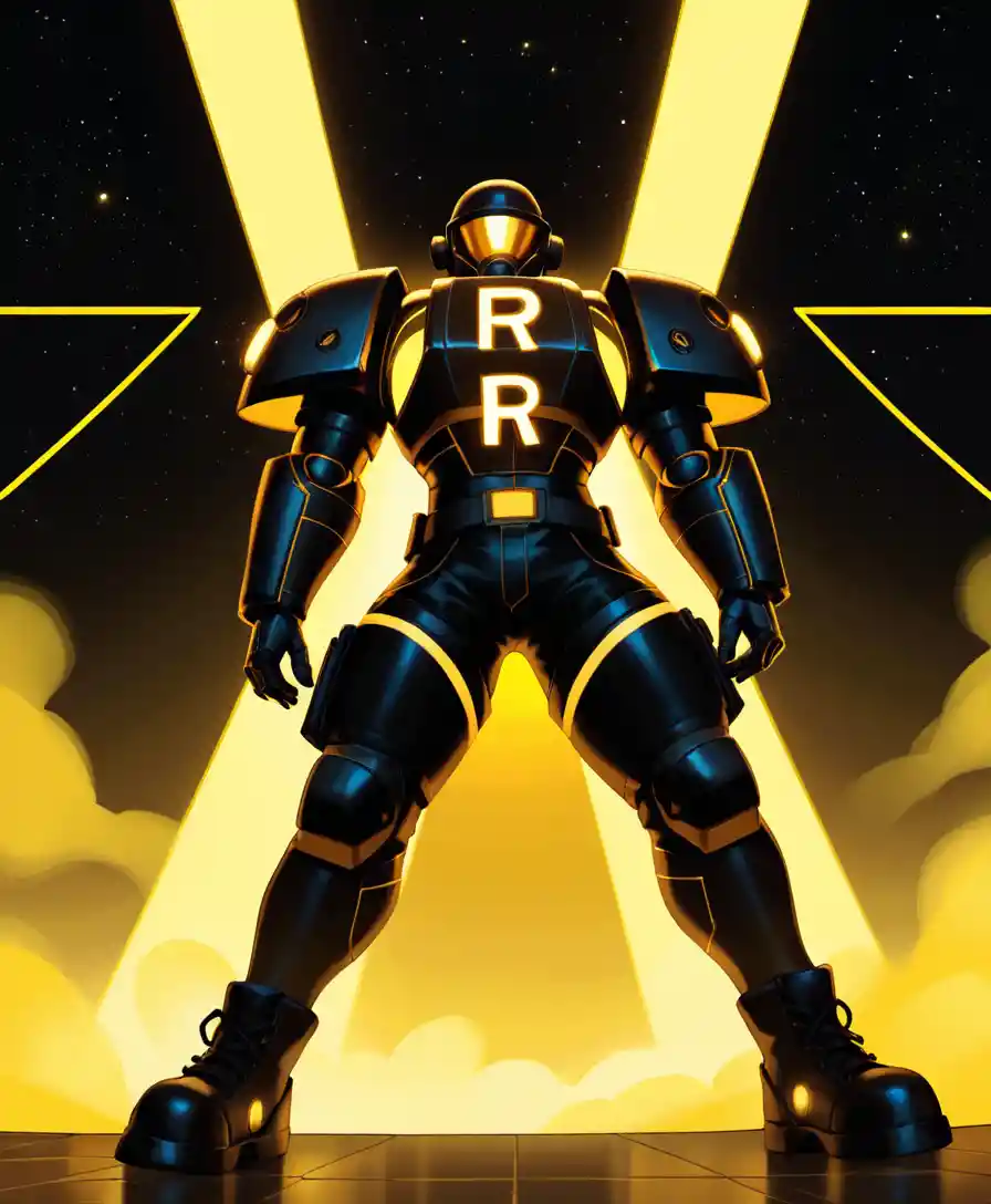 Armored sci fi soldier with rocket launcher in yellow space