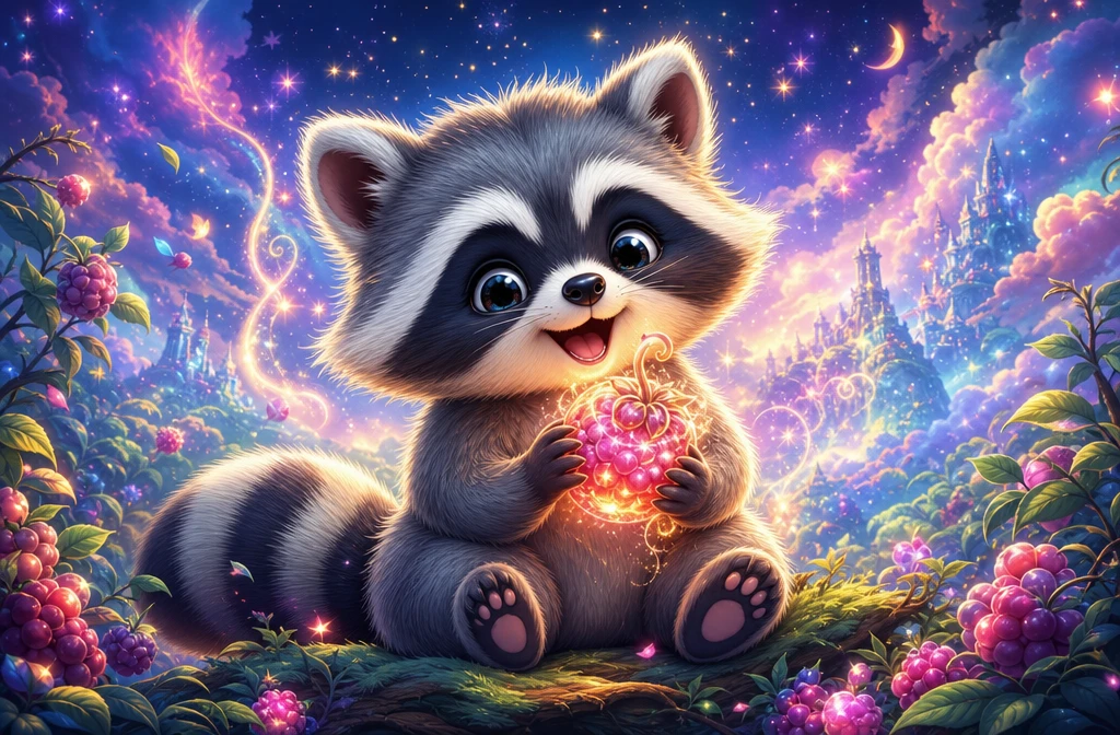 Cute baby raccoon holding a glowing magical berry