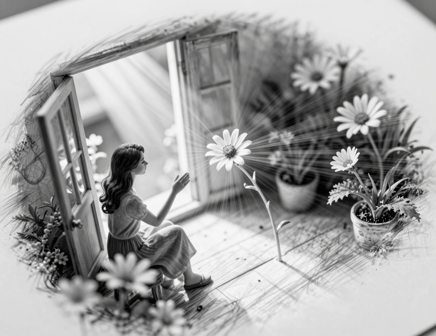 Woman admiring a flower by a sunlit veranda