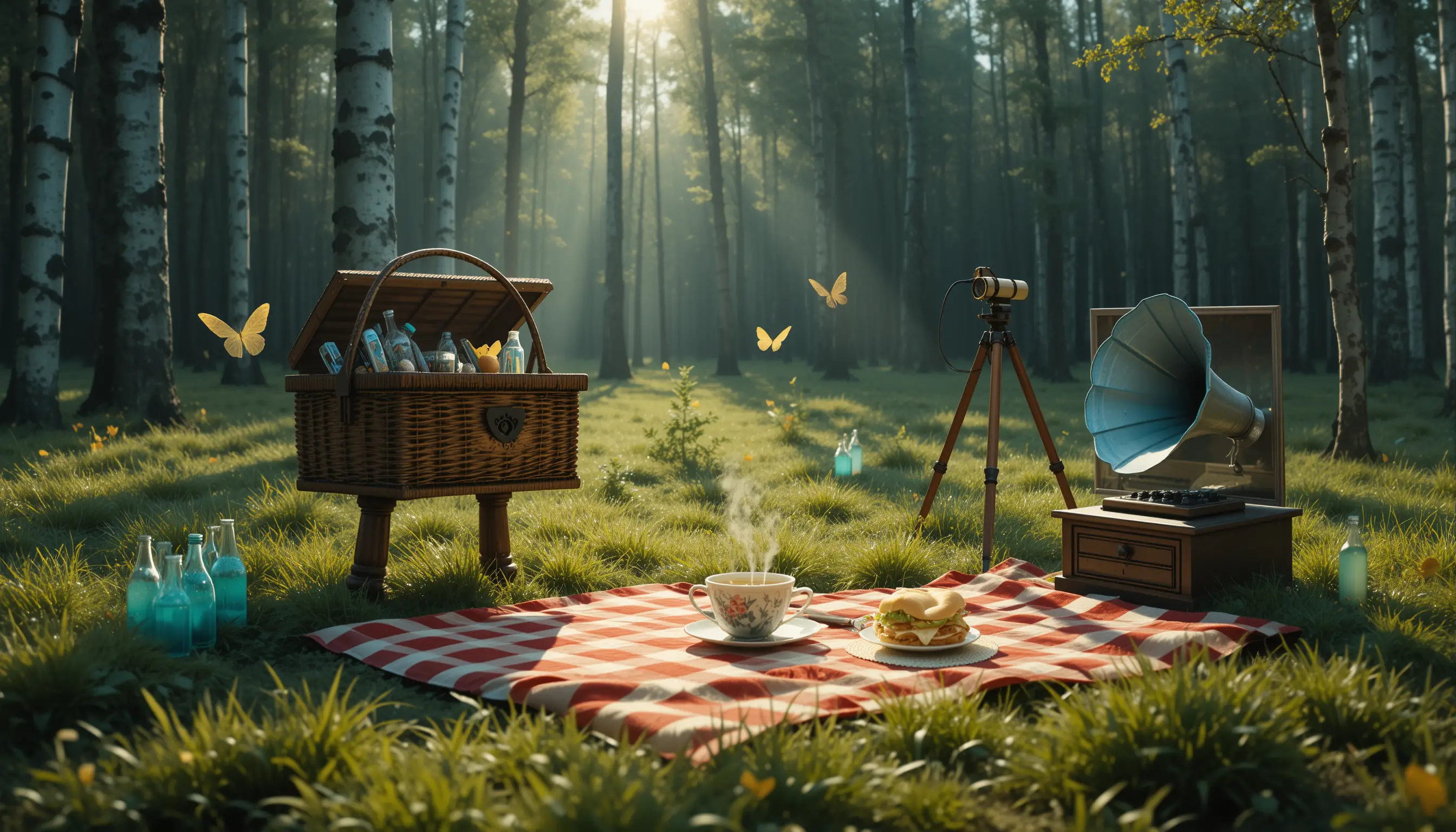 Enchanted Picnic Objects Moving In A Quiet Forest Clearing