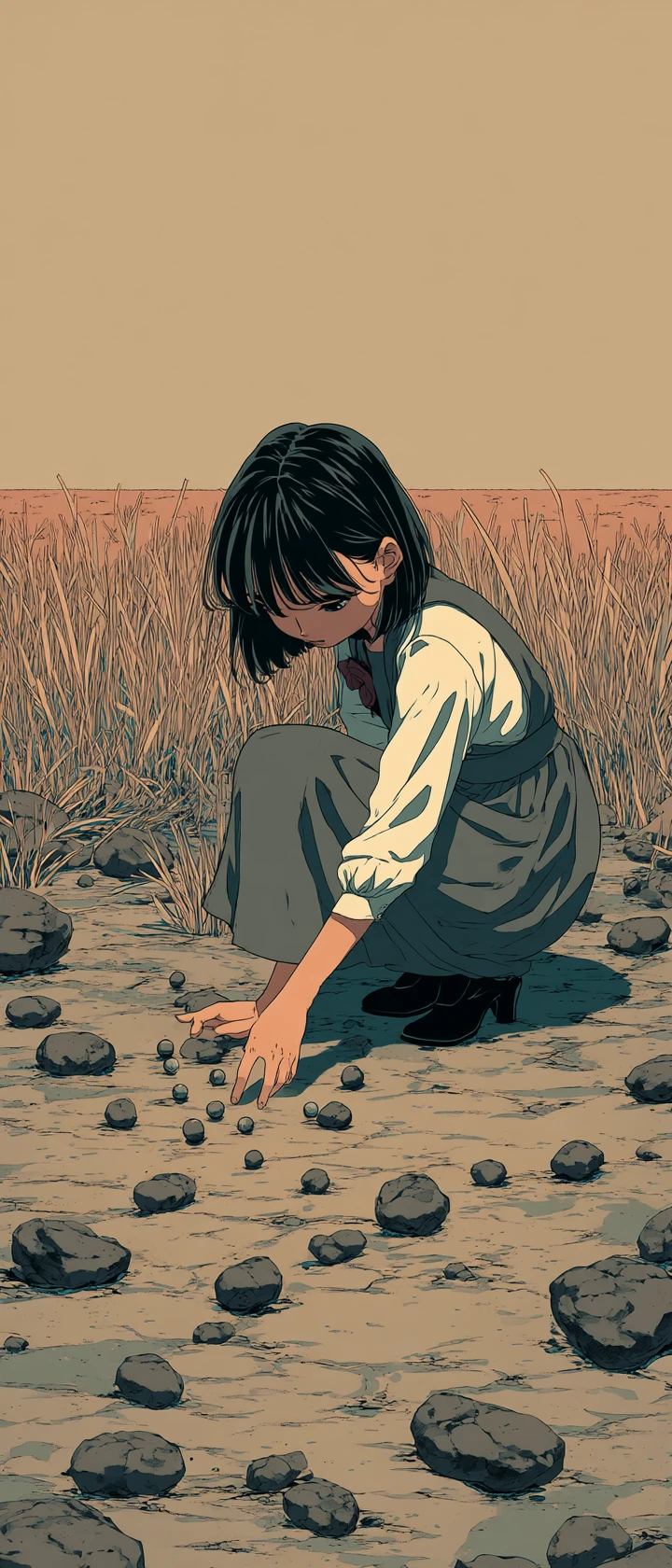 Sad anime girl planting seeds on a barren concrete field