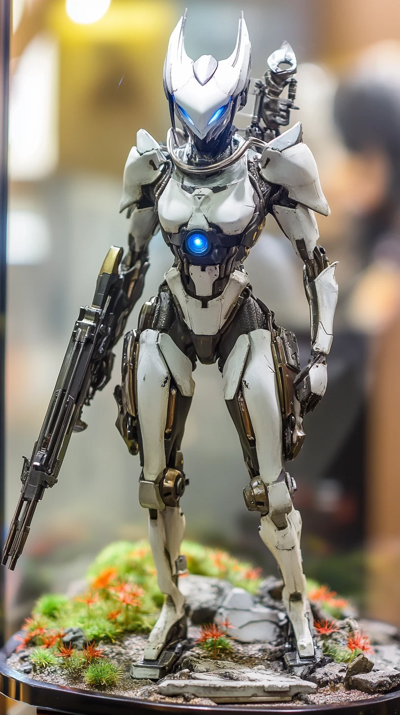 Futuristic battle robot sprinting across a war torn field
