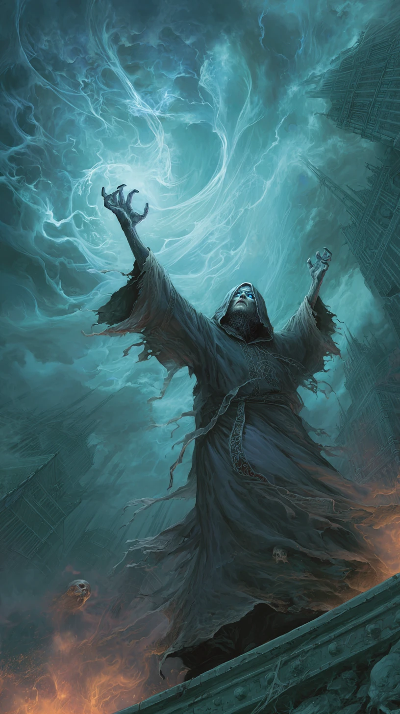 Ancient Wizard Casting Magic On A Tower Balcony