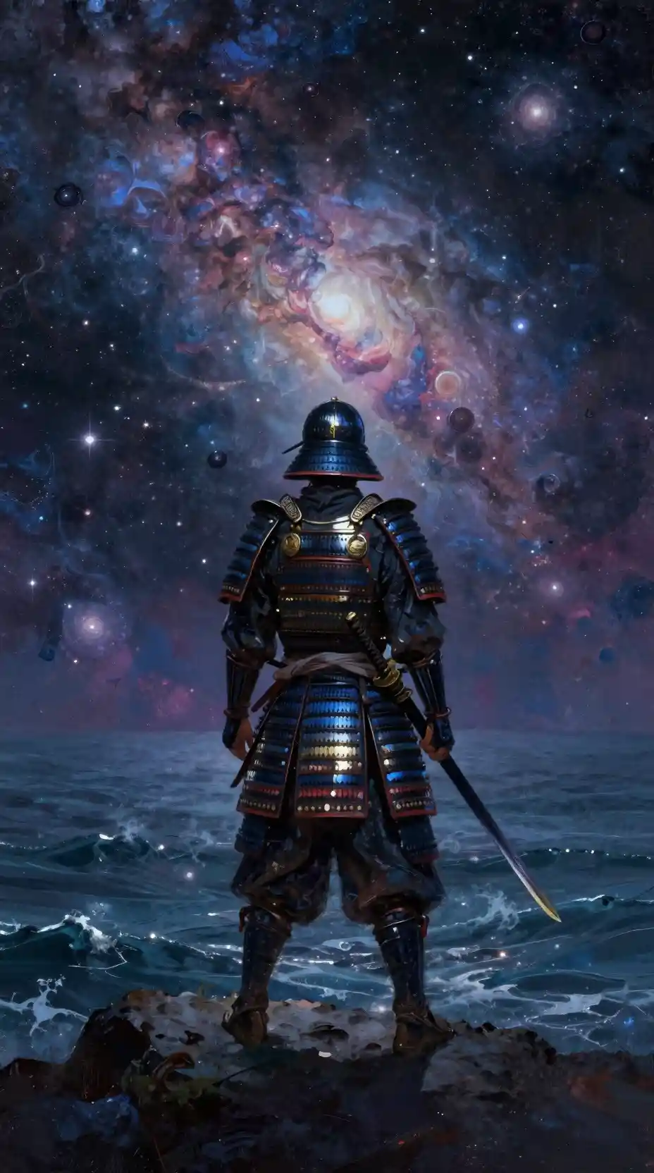 Samurai warrior gazing over a vast cosmic ocean