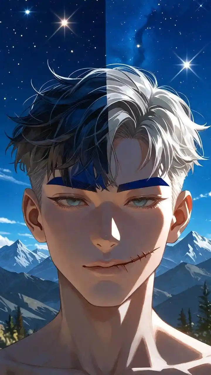 Serene anime man in mountains under a starry night sky