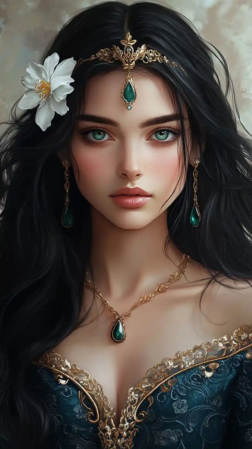 Regal dark haired woman with turquoise eyes and jewels