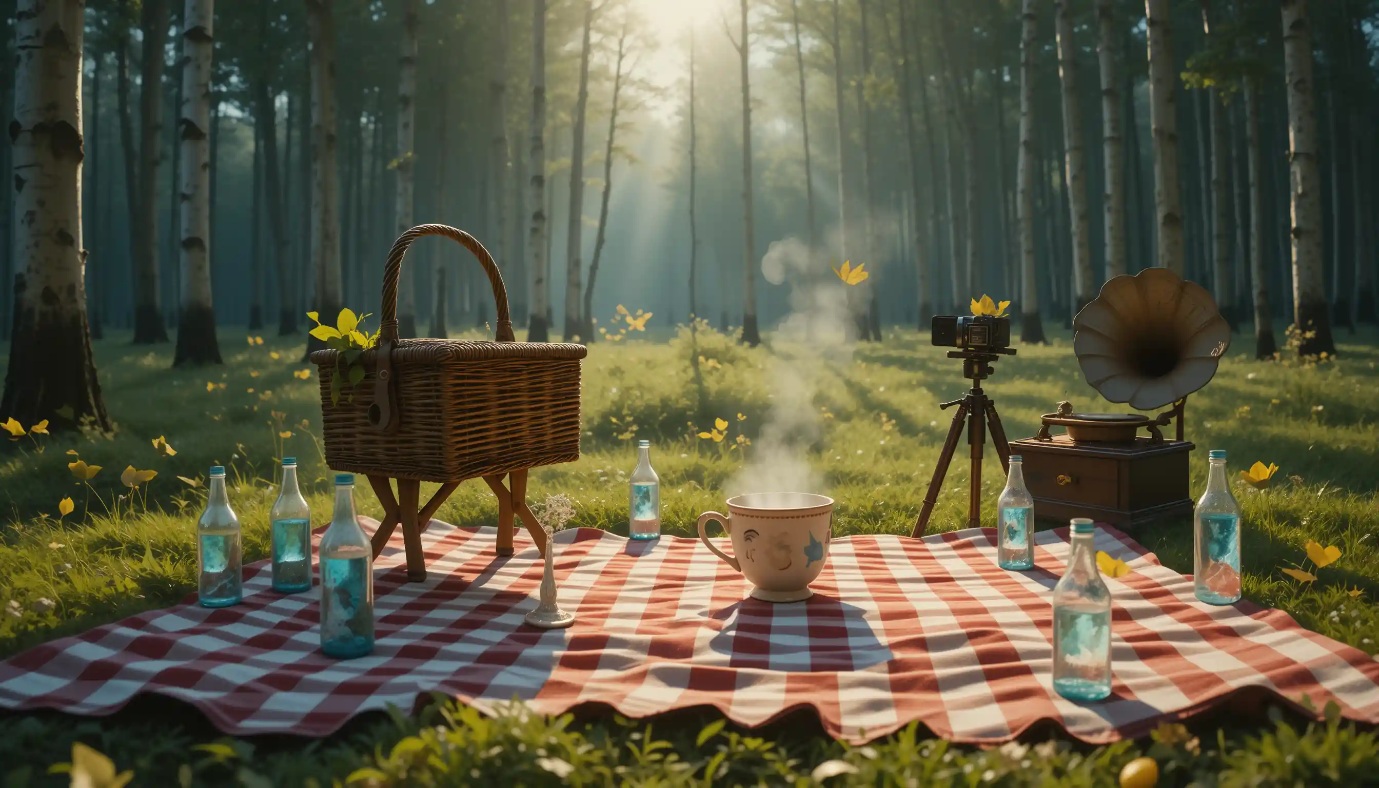 Verzauberte Picknickobjekte erwachen auf der Waldlichtung zum Leben