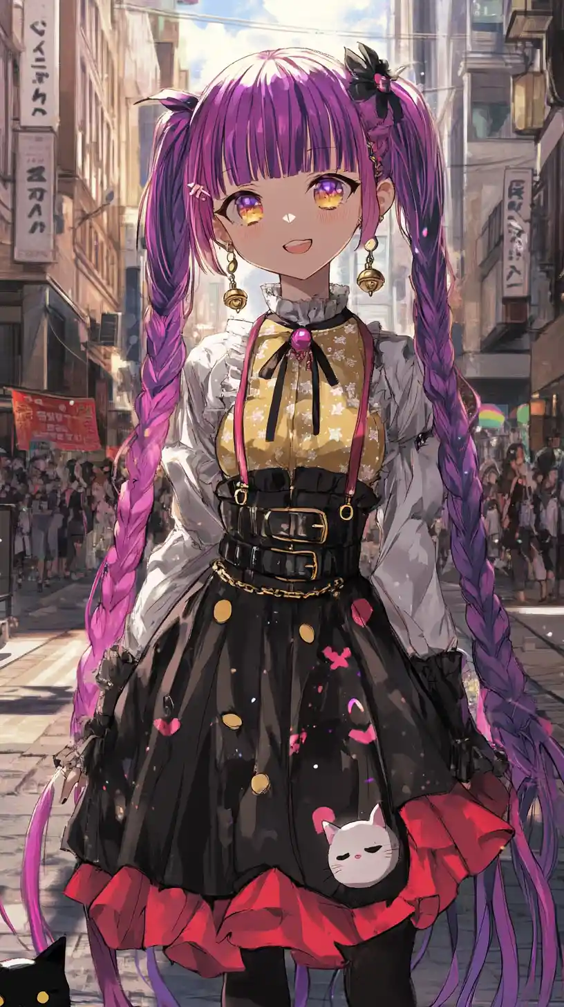 Anime girl with purple hair walking a black cat