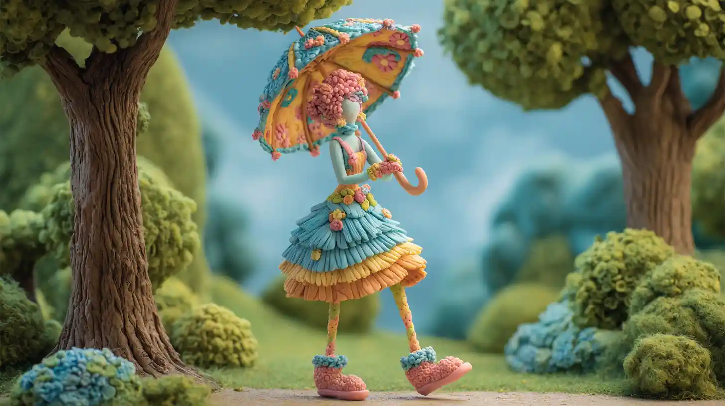 Colorful clay woman with umbrella in peaceful forest