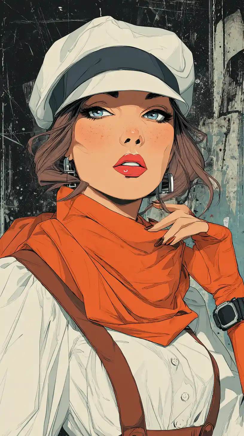 Stylish woman in cap with orange scarf and bold makeup