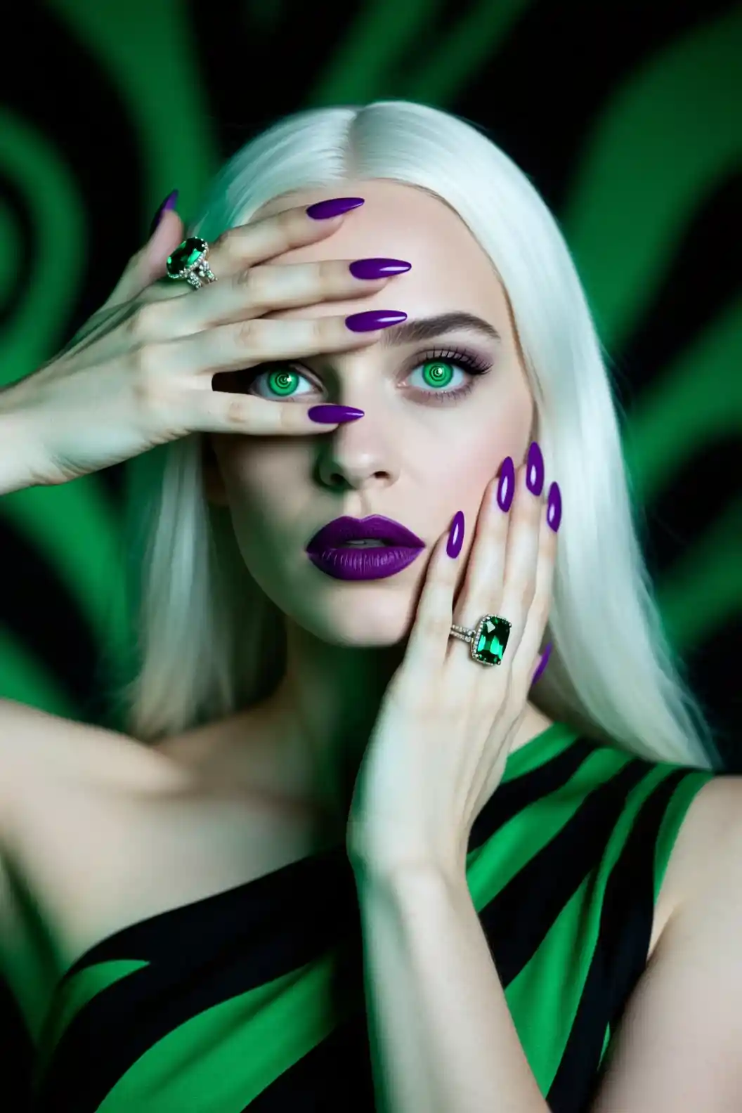 Eerie white haired woman with spiraling green eyes and rings