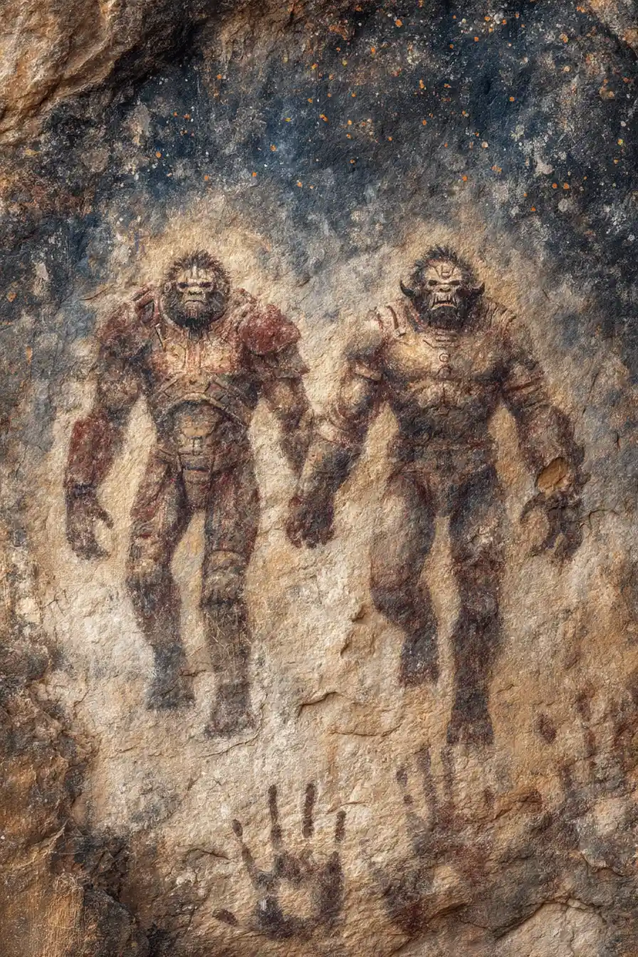 Prehistoric cave painting of mecha warriors and giant beasts
