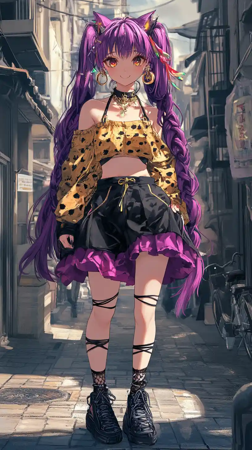 Anime girl with purple braid walking city street with cat