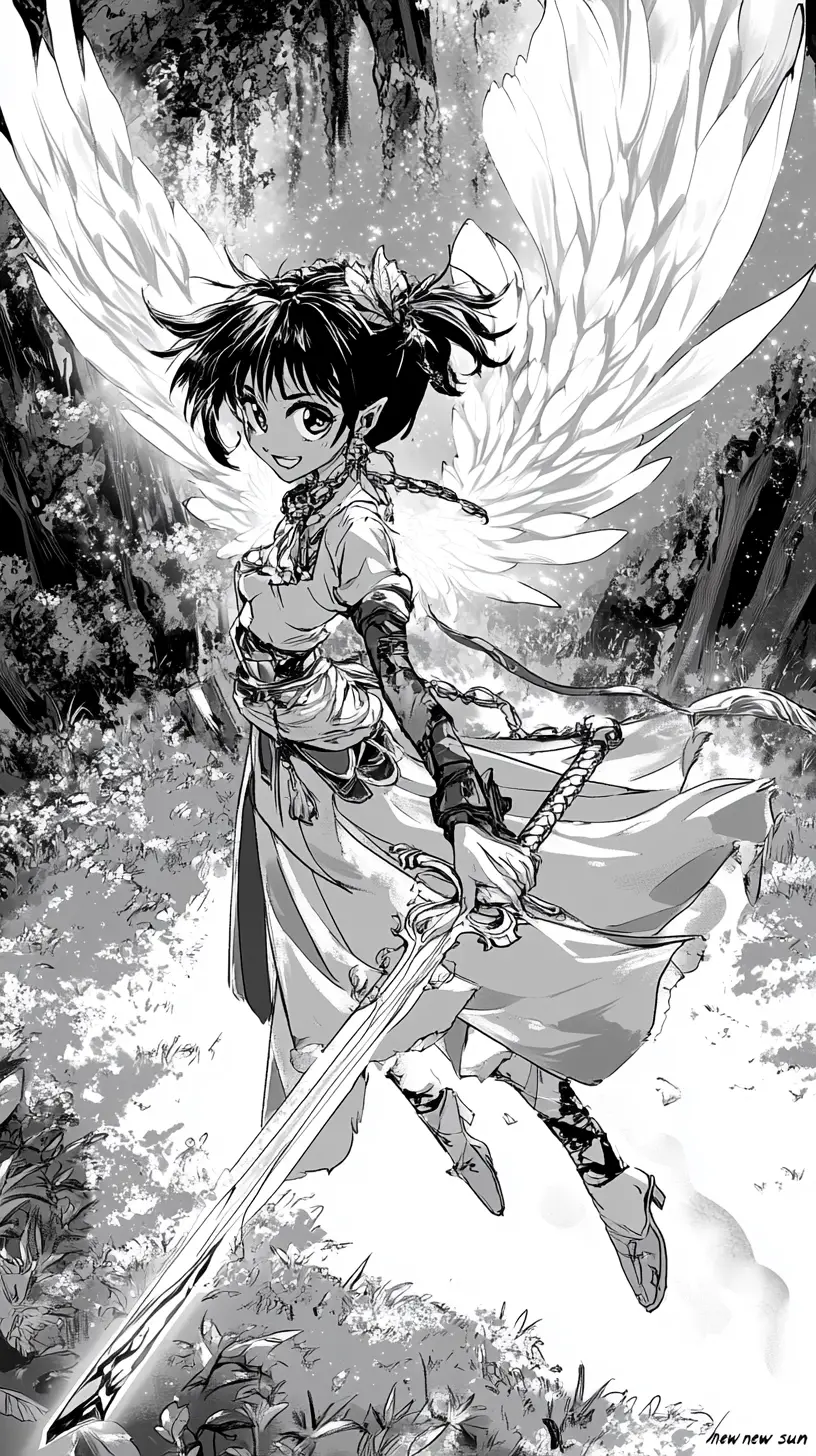 Girl swinging a sword under a glowing crystal garden