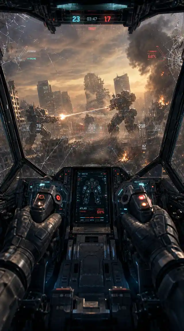 First person view from a battle mecha cockpit at dusk
