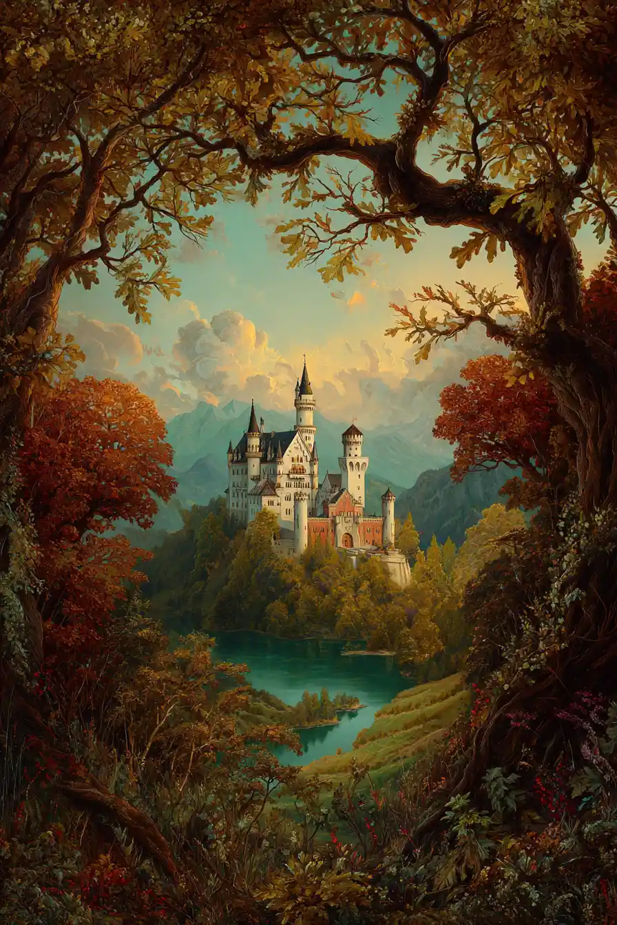 Castle in a distant valley framed by oak tree leaves