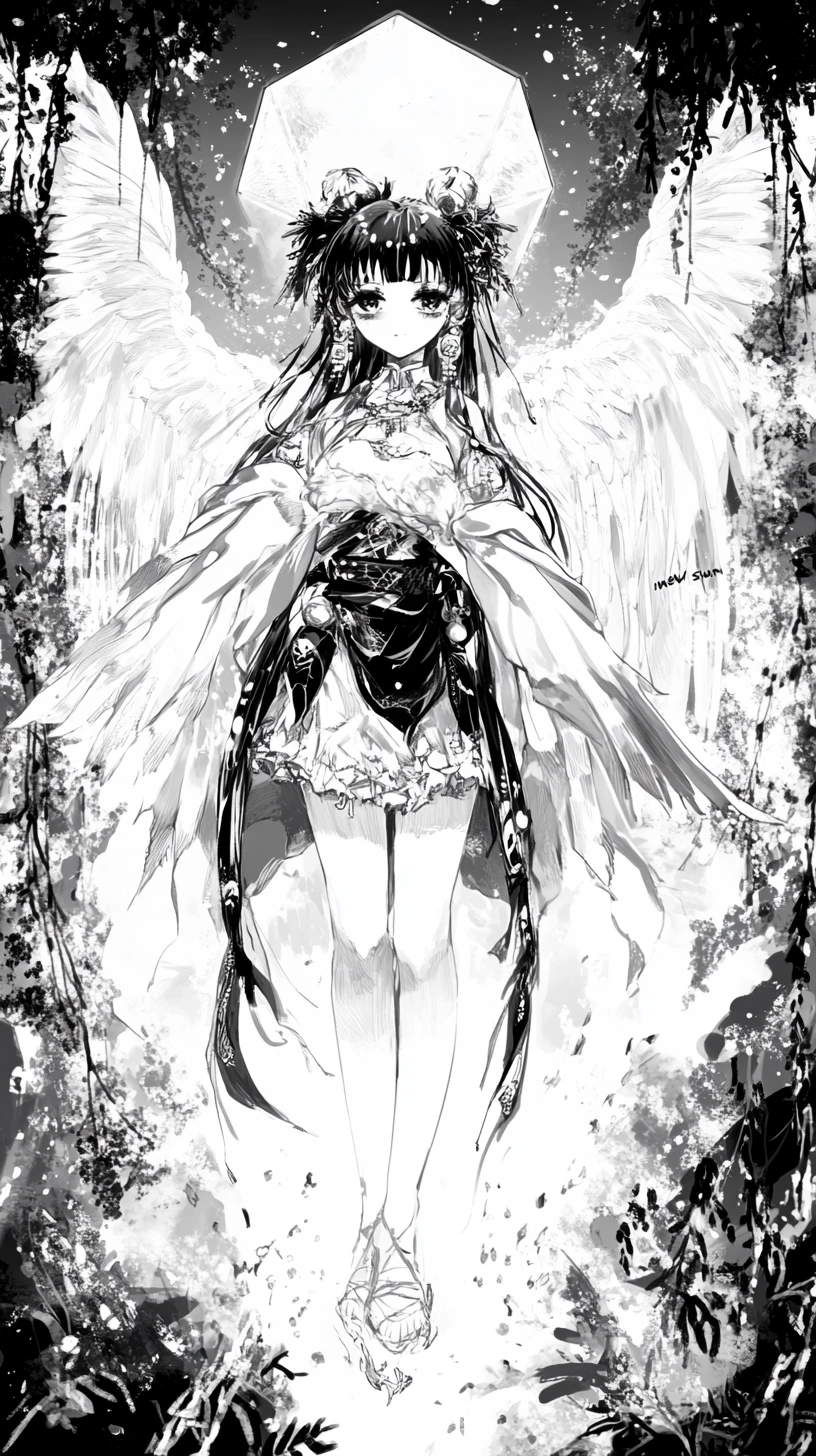 在發光水晶下揮舞長劍的漫畫風少女