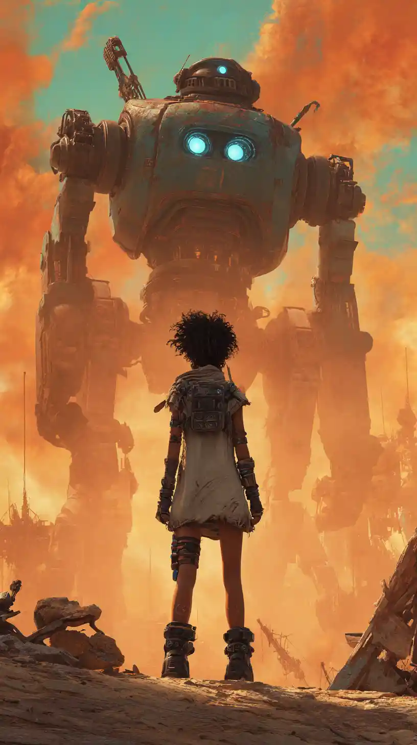 Young woman explorer under robots in ruined sci fi city