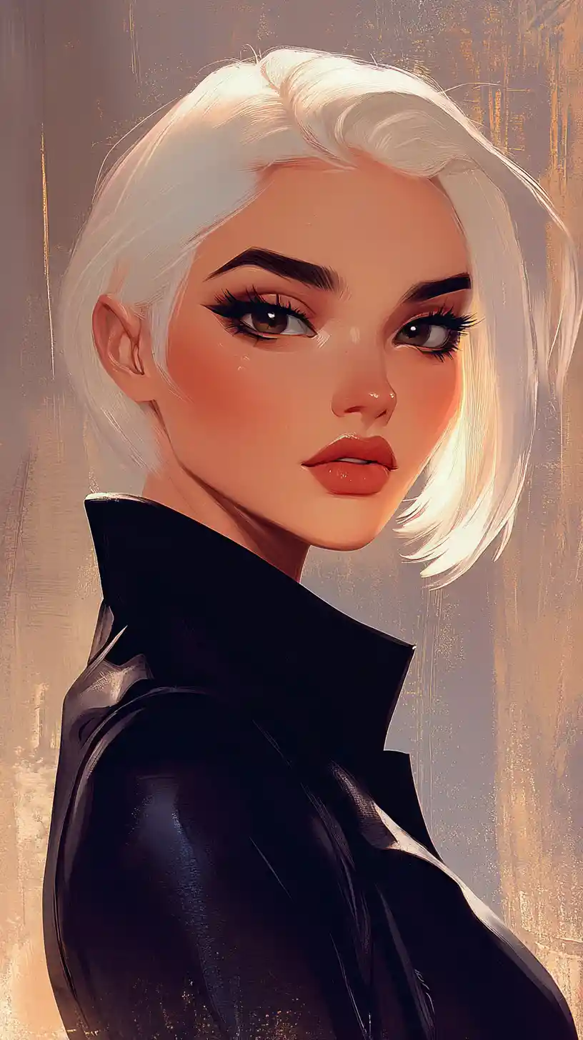 Elegant woman with platinum hair in purple jacket portrait