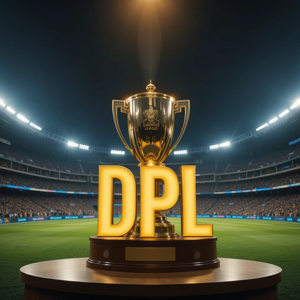 Championship cricket trophy on field with glowing DPL letters
