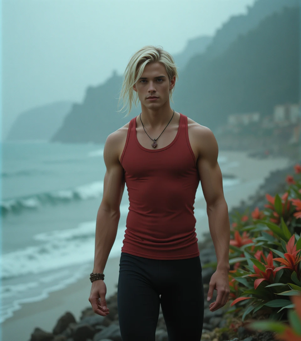 Blond young man walking along a misty summer beach