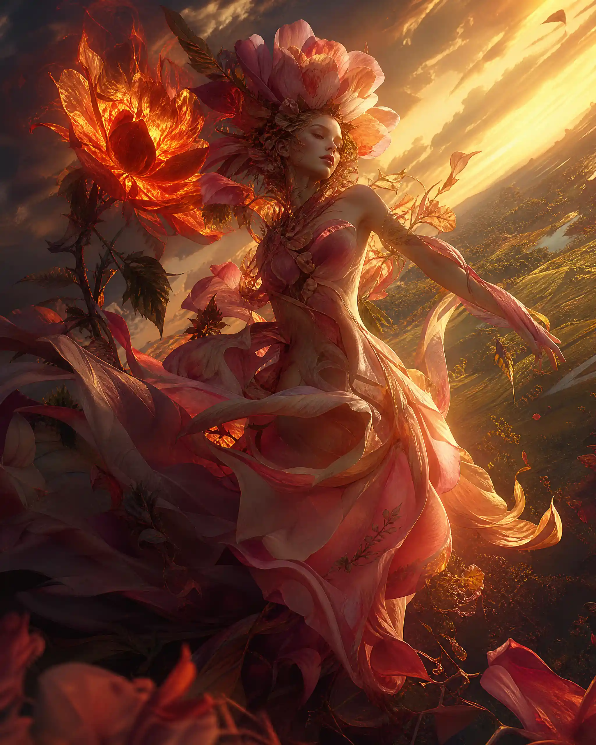 Golden flowers glowing softly in the warm sunset breeze