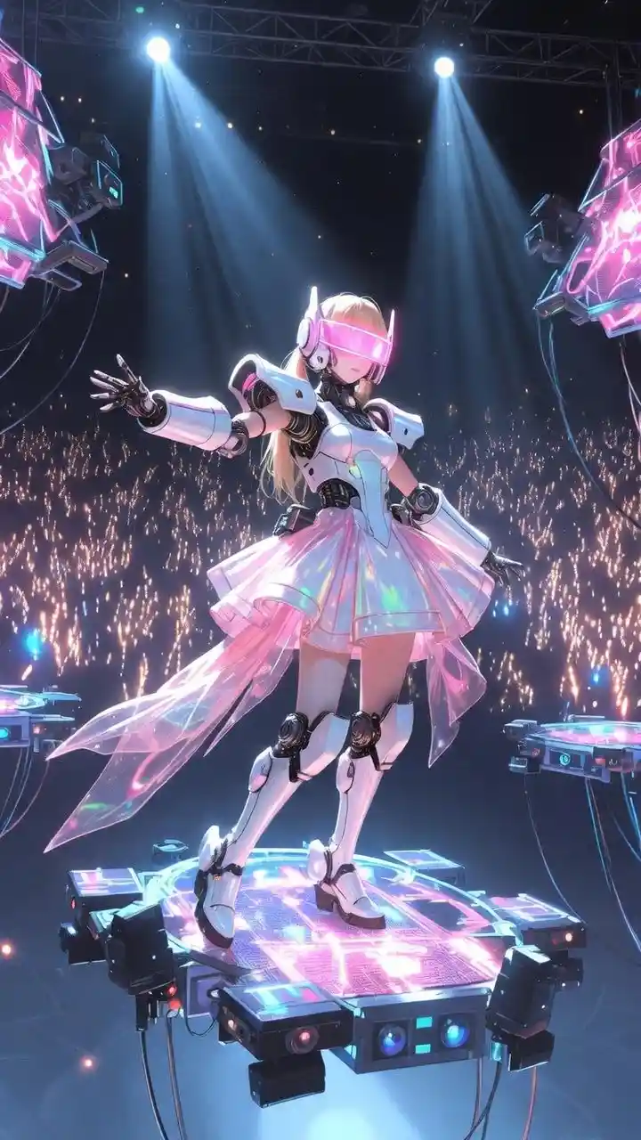 Futuristic mecha idol girl on holographic floating stage