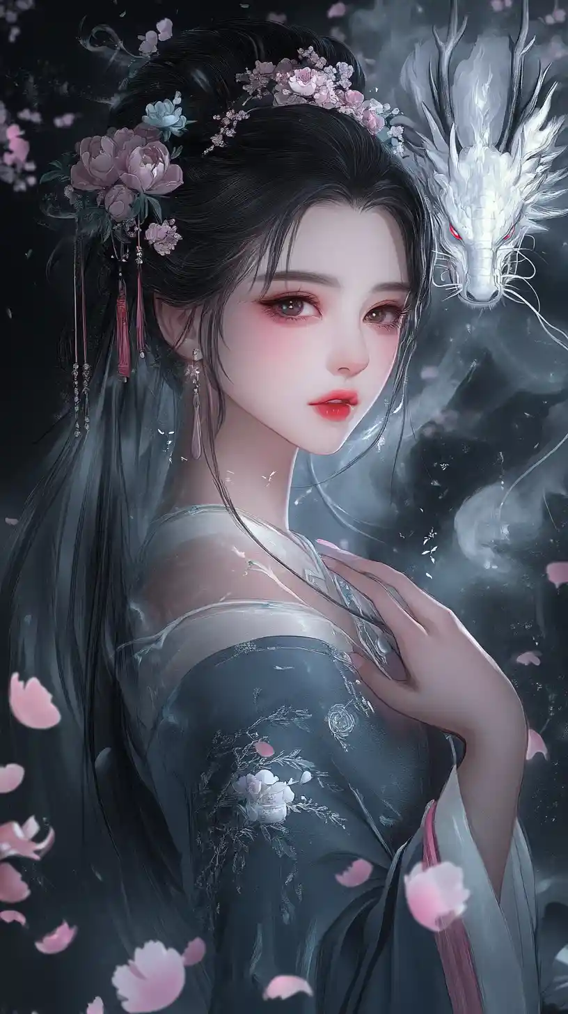 Elegant anime woman with dragon in swirling mist