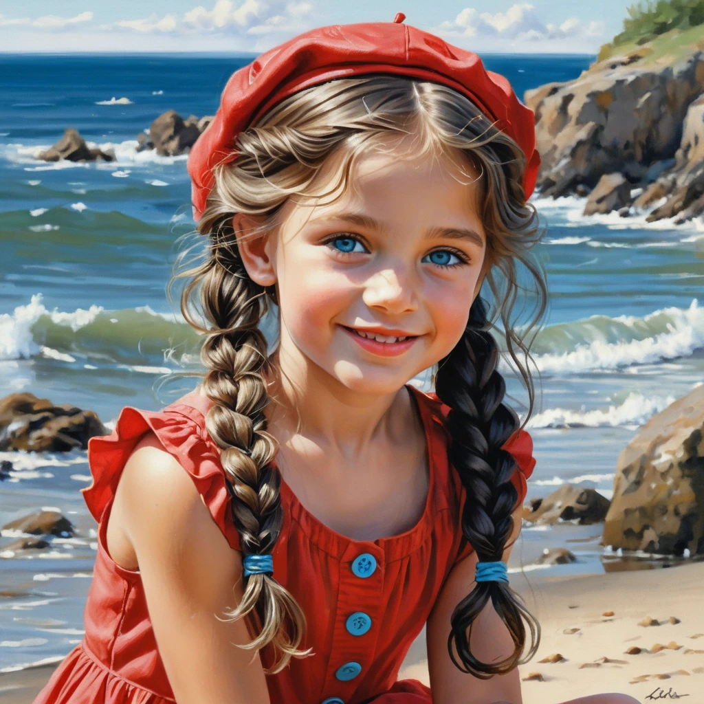 Smiling girl in red dress with lime beret crouching