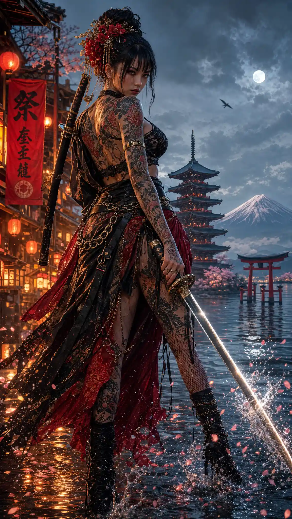 Tattooed Japanese warrior woman with katana on wet street