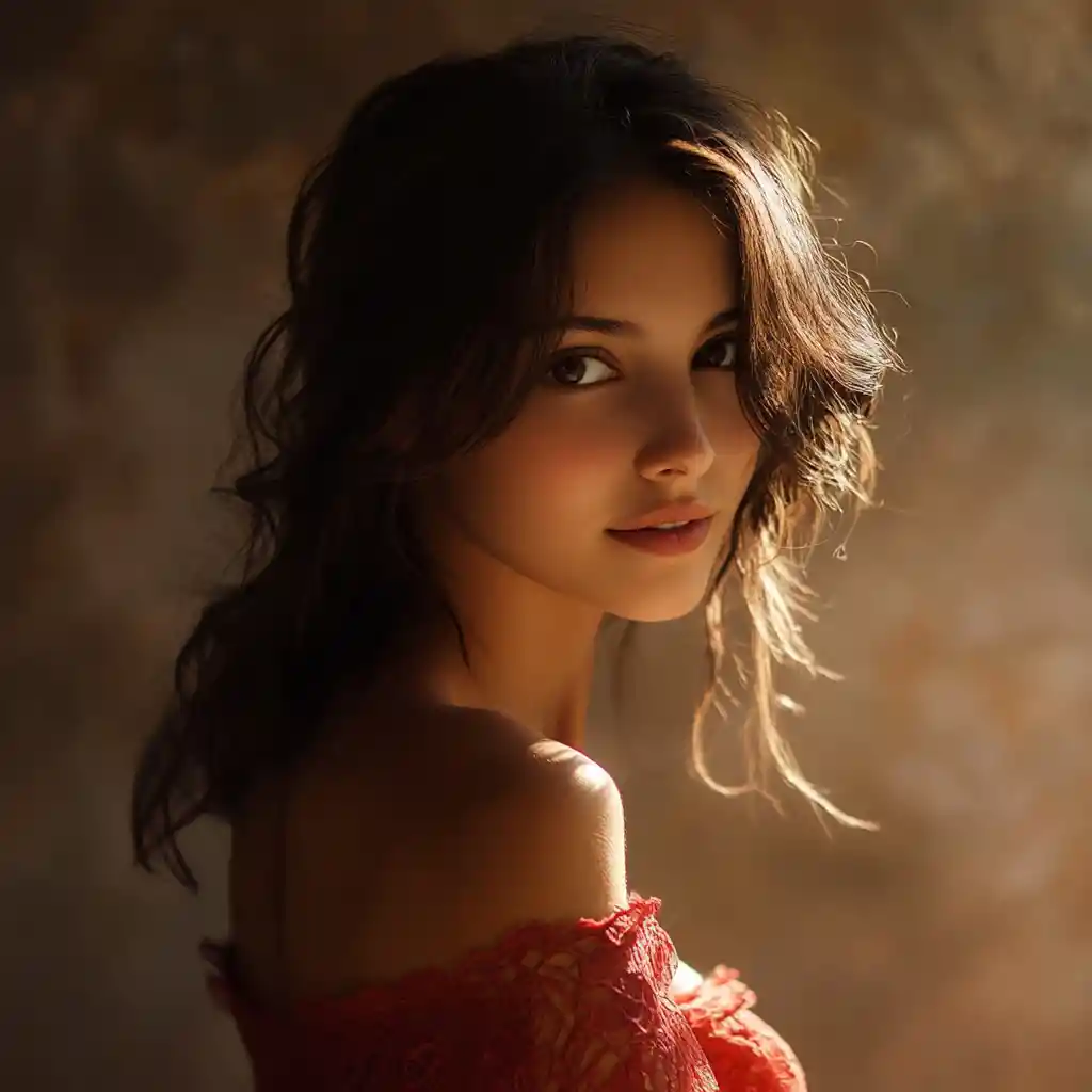 Young woman in red dress in warm golden light