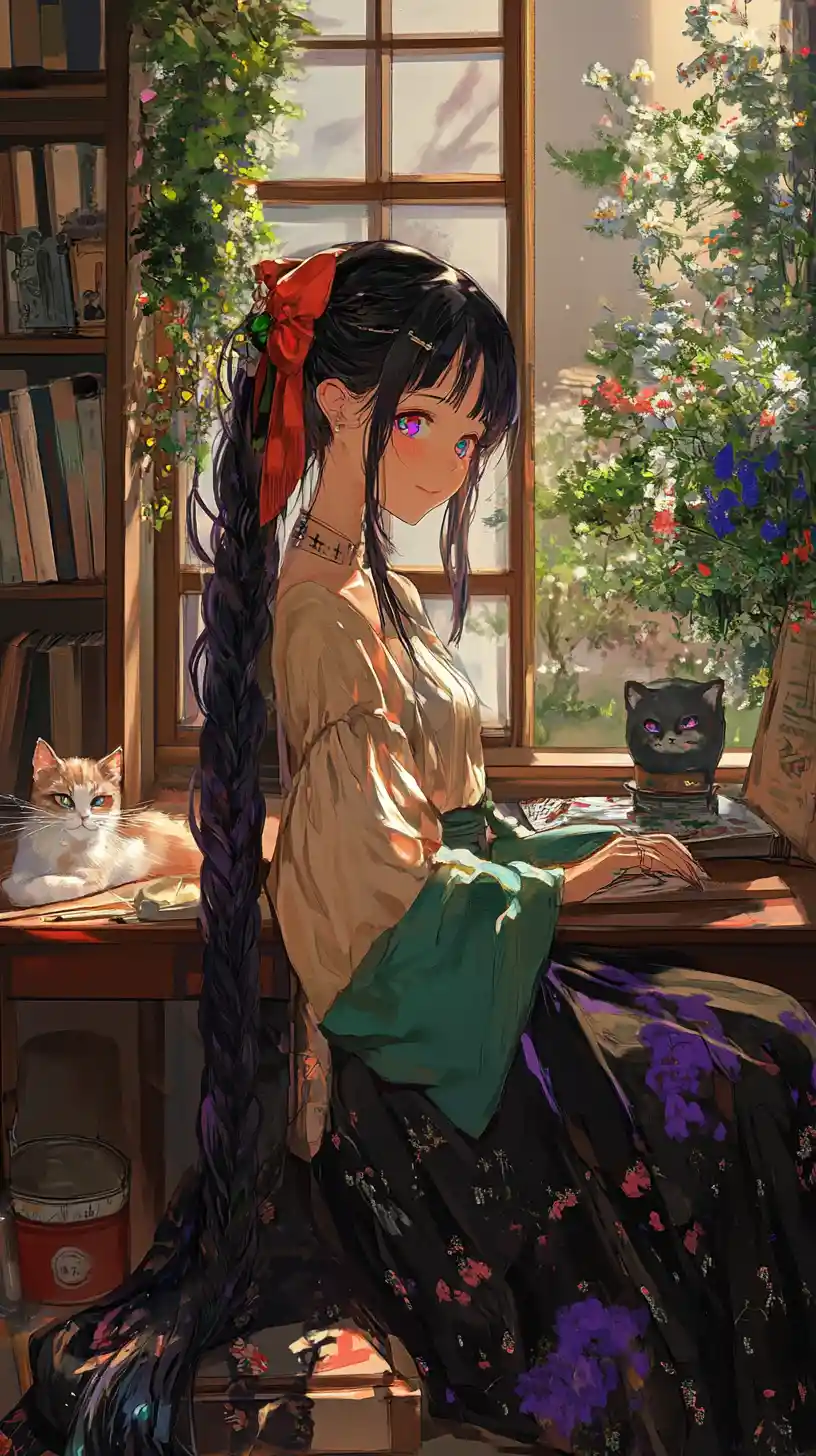 Anime girl reading in a cozy study room with garden view