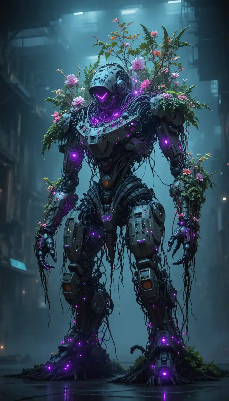 Bioluminescent Mech Suit With Pilot In Industrial Hangar