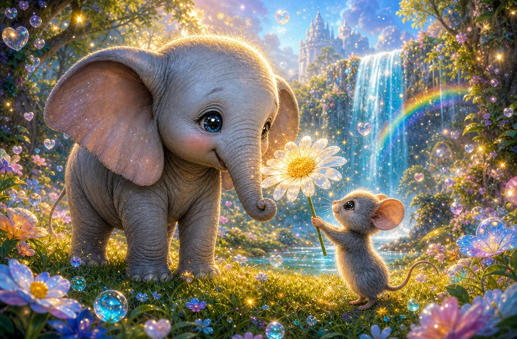 Baby elephant and mouse in a magical fantasy meadow