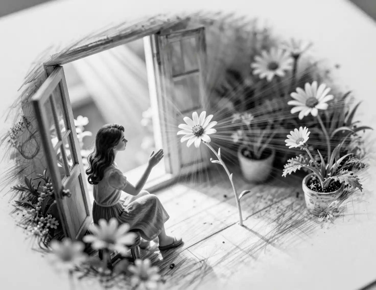 Woman admiring a flower by a sunlit veranda