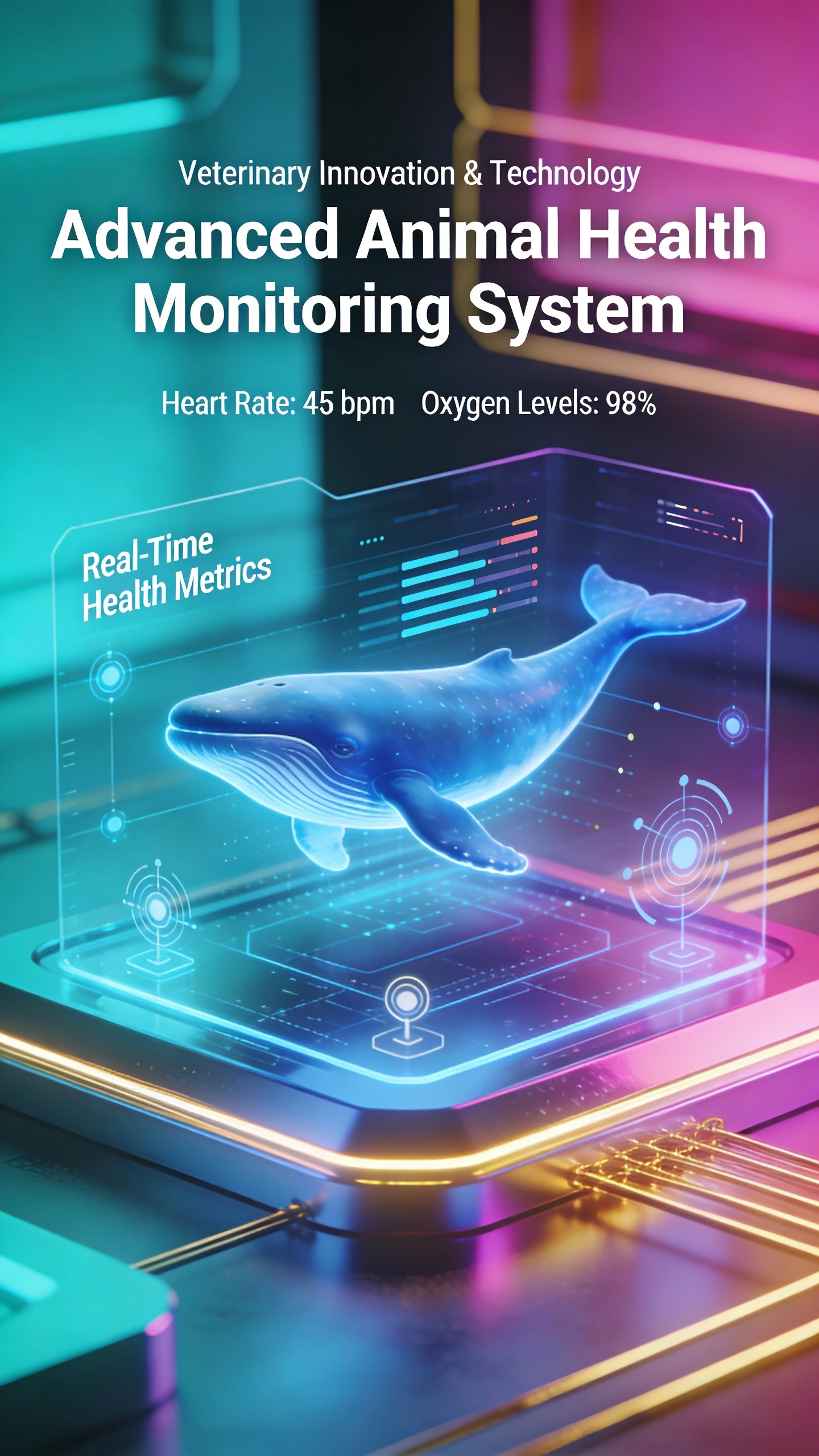 Futuristic holographic whale display with digital interface