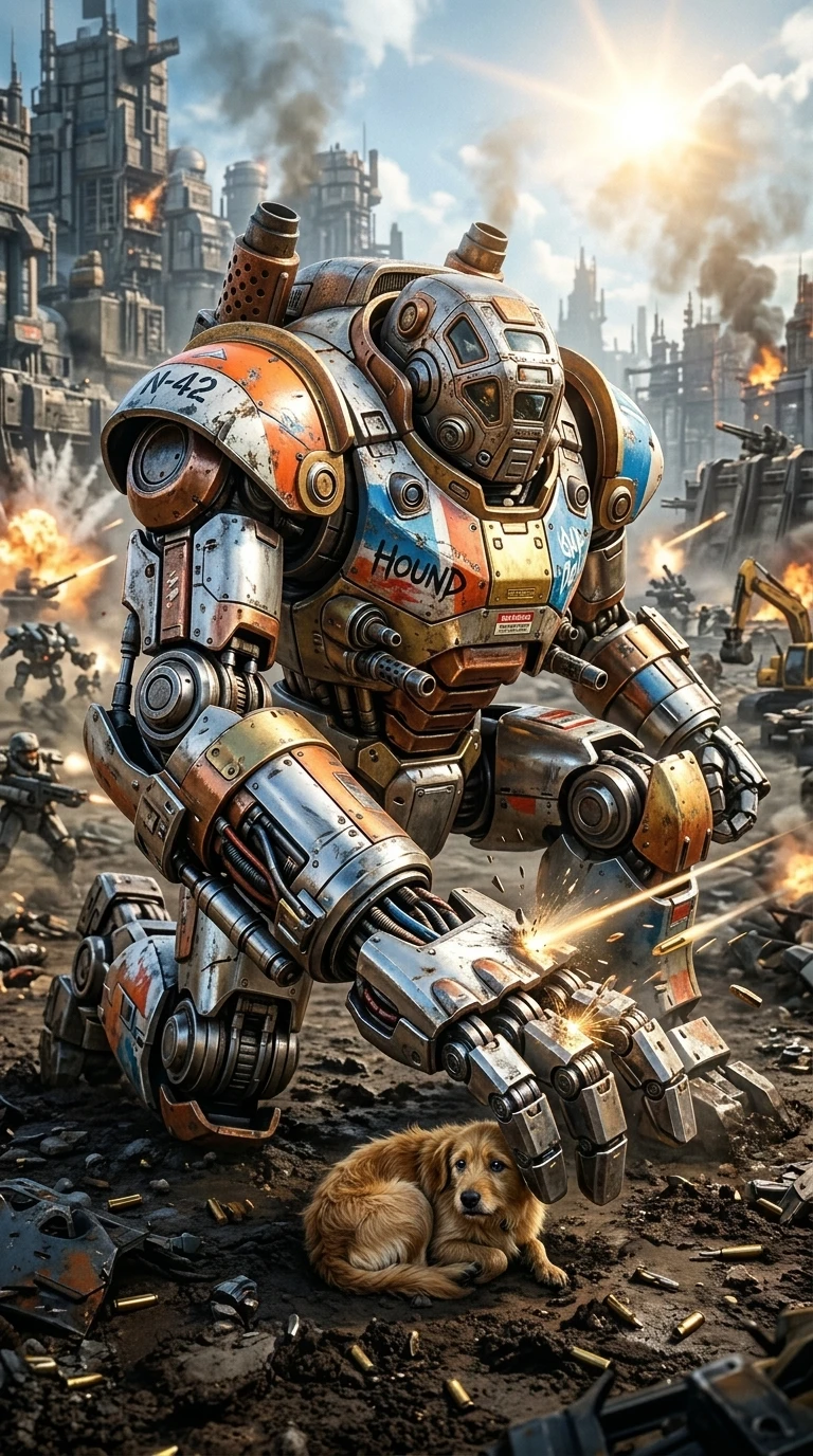 Giant industrial mech guarding a small puppy on battlefield