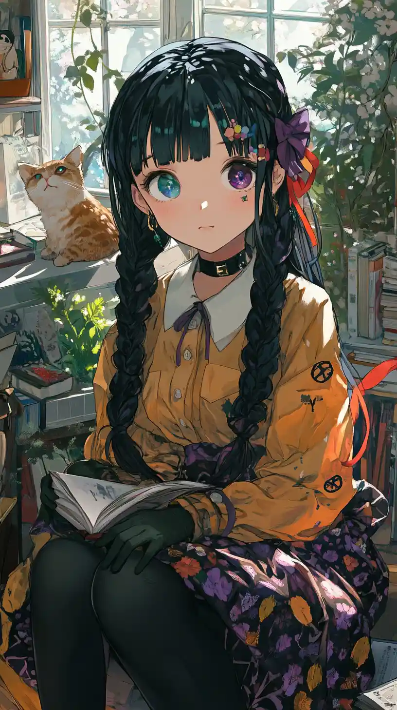 Anime girl reading in a cozy study with garden view
