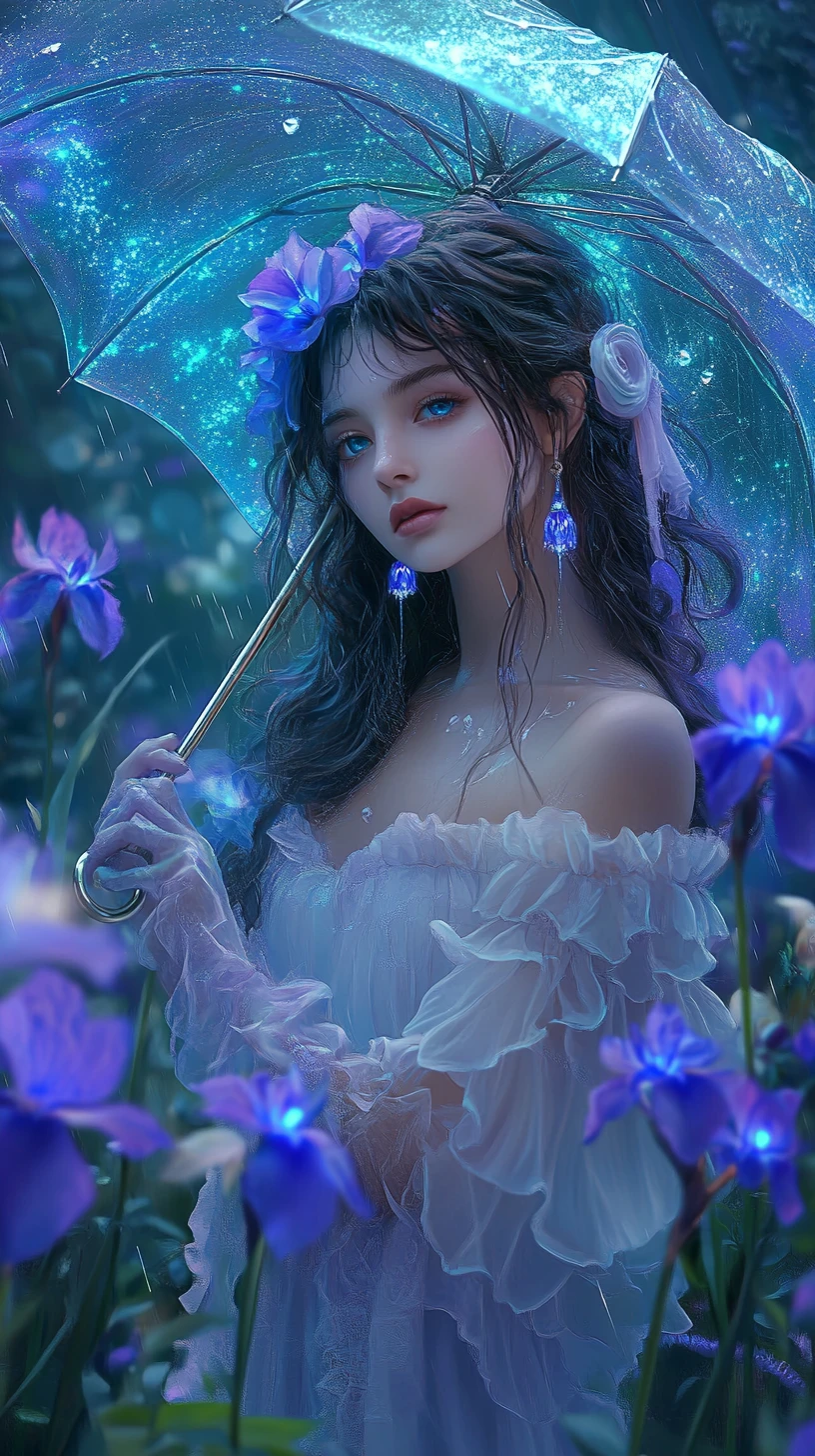Girl with glowing umbrella in luminous iris garden