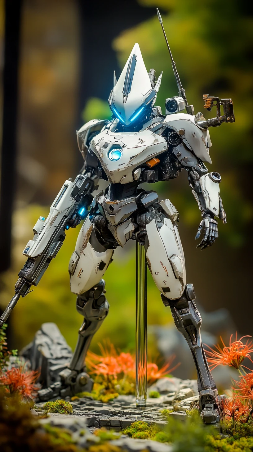 Futuristic rifle armed robot running across a battlefield