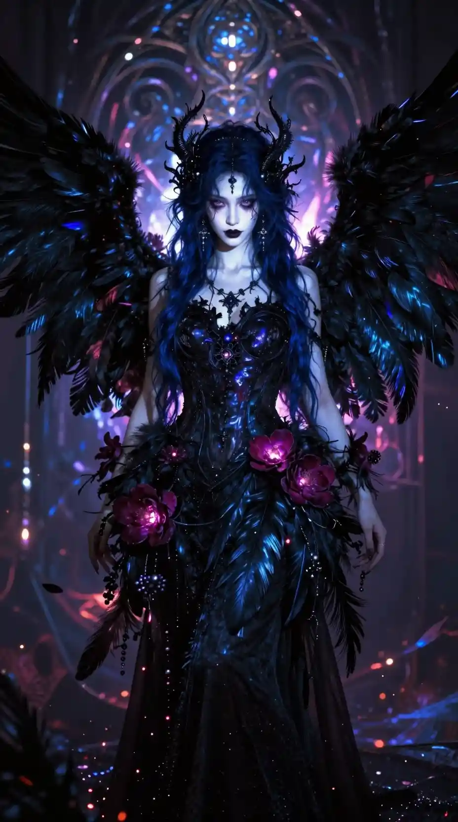 Gothic angel with black feathers in a glowing realm